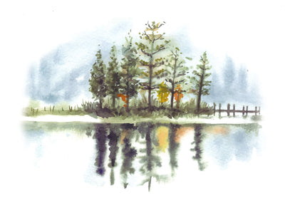 Pine Trees With Lake Watercolor Wallpaper