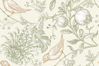Vintage Botanical Birds & Pomegranate Wallpaper
