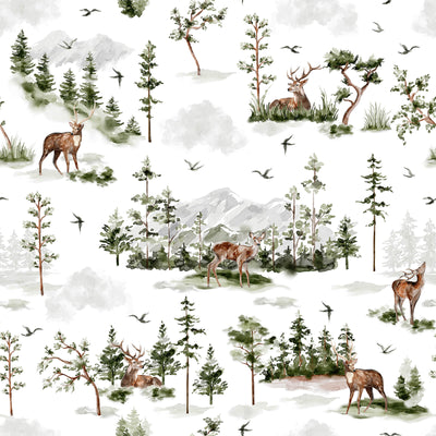Watercolor Forest Deer Mountain Wallpaper