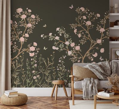 Blossom Chinoiserie Trees With Butterfly Wallpaper