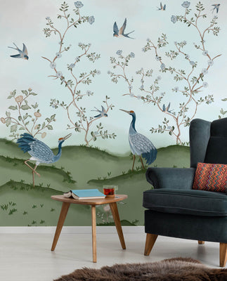Chinoiserie  Features Exotic Birds Mural Wallpaper