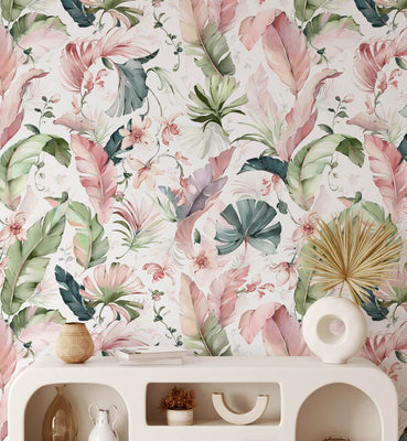 Watercolor Banana Leaves With Flower Wallpaper