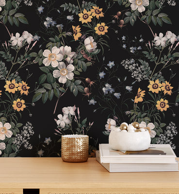 Night Luxury White Flower Pattern Wallpaper