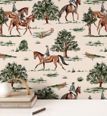 Green Tree Horse Vintage Wallpaper