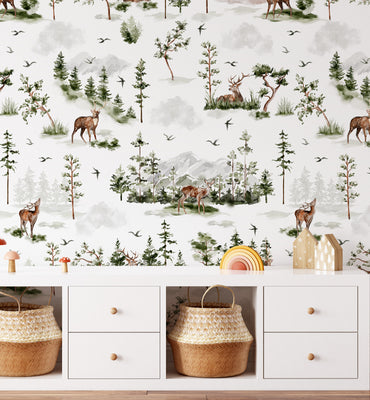 Watercolor Forest Deer Mountain Wallpaper