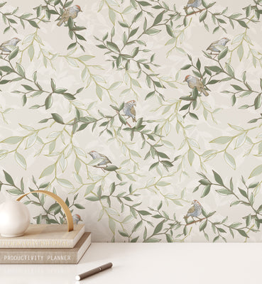 Elegant Chinoiserie Bird Wallpaper