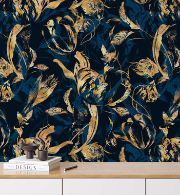 Luxury Blue and Modern Leaves Wallpaper