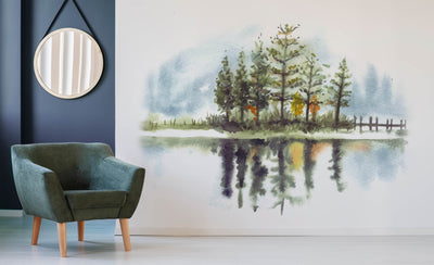 Pine Trees With Lake Watercolor Wallpaper