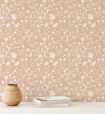 Blotchy Watercolor Wildflowers Brown Wallpaper