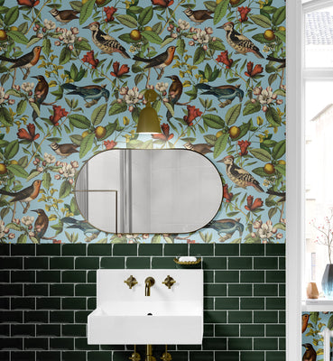 Antique Botanical Bird & Fruit Collage Wallpaper