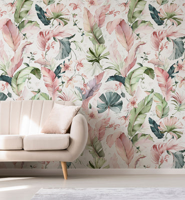 Watercolor Banana Leaves With Flower Wallpaper