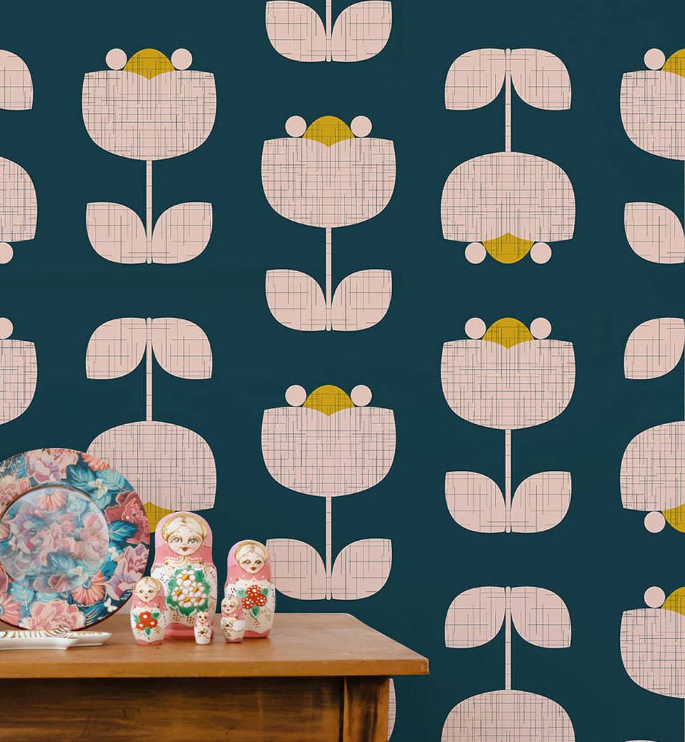 Modern Retro Removable Floral Wallpaper | Walltrendz