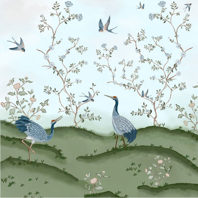 Chinoiserie  Features Exotic Birds Mural Wallpaper