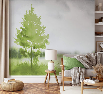 Trees With Grass Green Watercolor Wallpaper